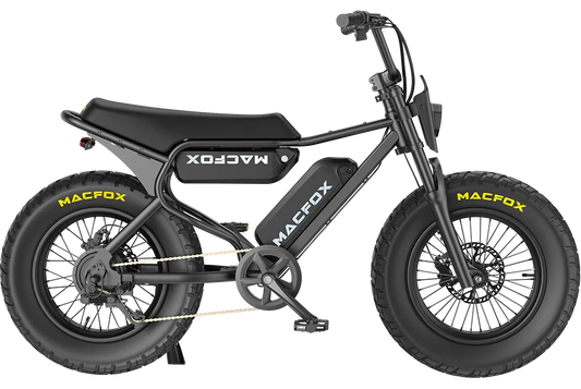 Side view of the eMOTO MACFOX X7 electric bike with dual battery, showcasing its rugged frame, large tires, and modern design against a plain background.