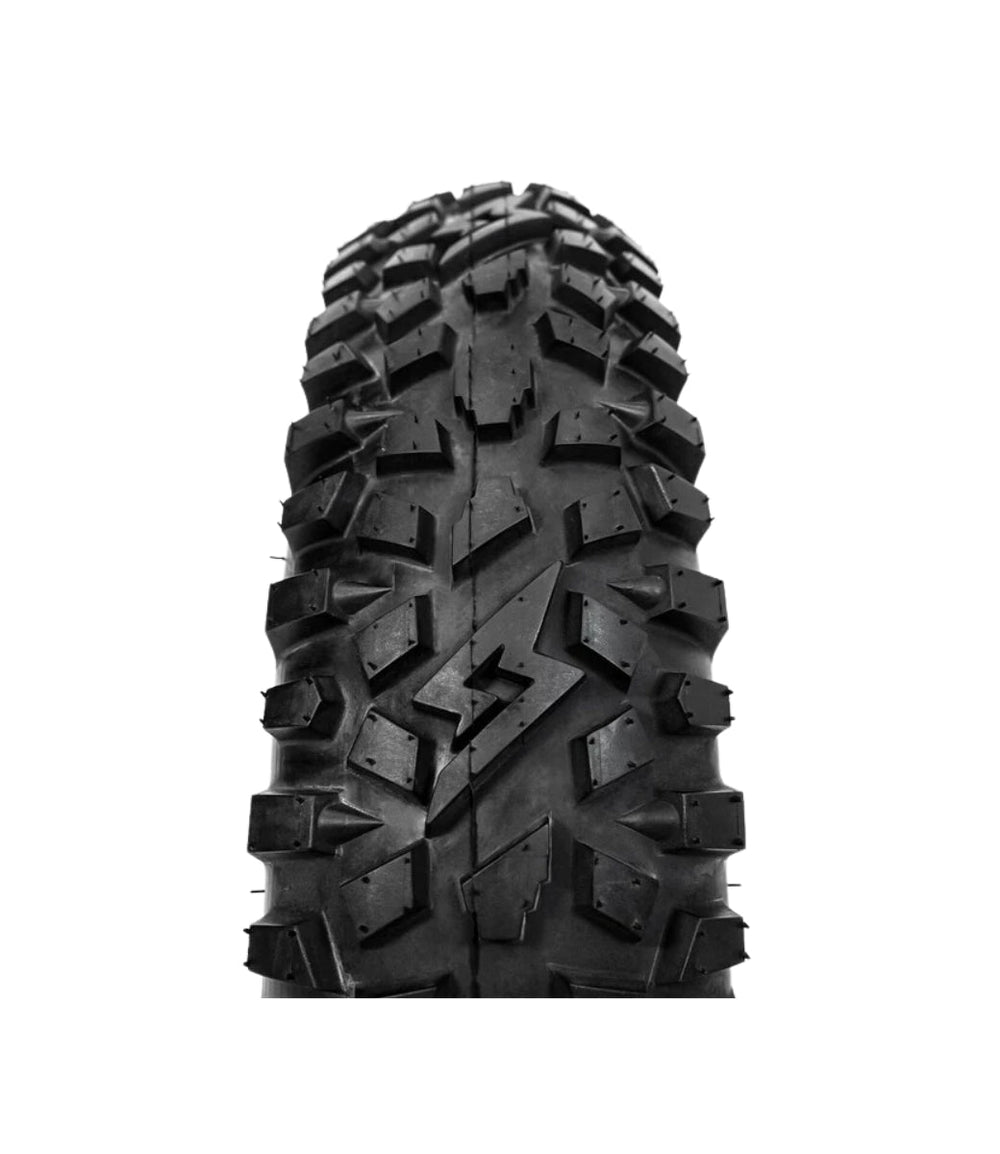 Close-up view of a GRZLY Super73 tire featuring a rugged tread pattern designed for off-road and urban riding.