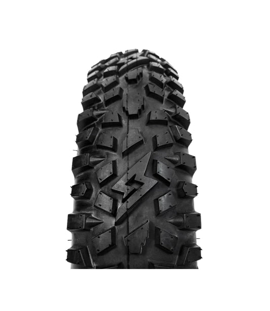 Close-up view of a GRZLY Super73 tire featuring a rugged tread pattern designed for off-road and urban riding.