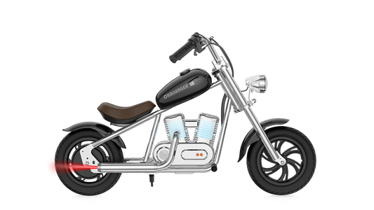 Black eMOTO Hyper Gogo Challenger 12 Plus electric bike without training wheels, shown in side profile, app-compatible model.