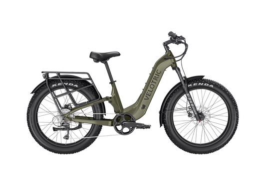 Velotric Nomad 2X eBike in Sage color, Step-Thru frame, side view on white background