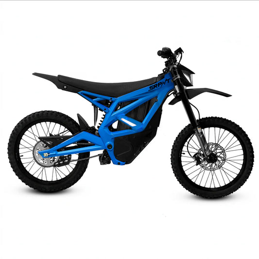 eMOTO Strike SRPNT X3 electric motorcycle in Midnight Blue, side view, parked on a white background