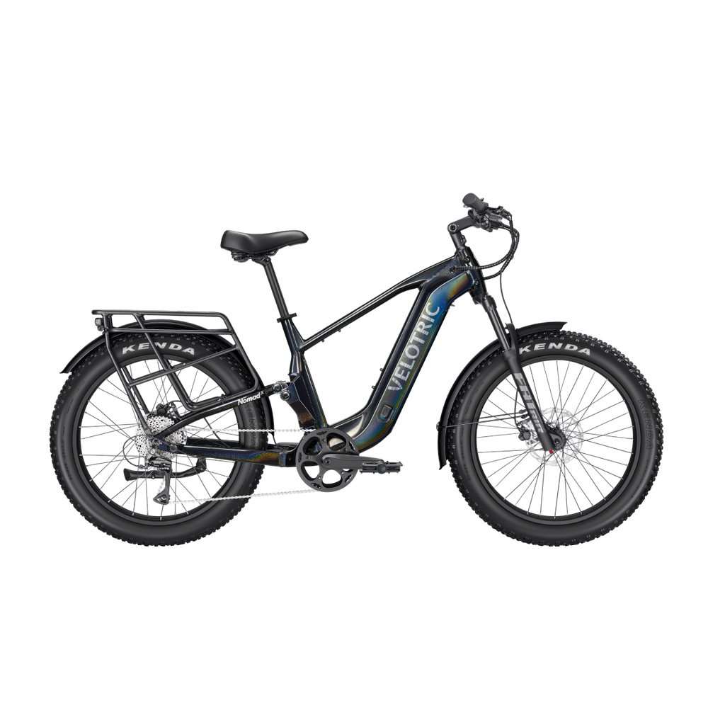 Obsidian black Velotric Nomad 2X High Step eBike, side view, against a plain background