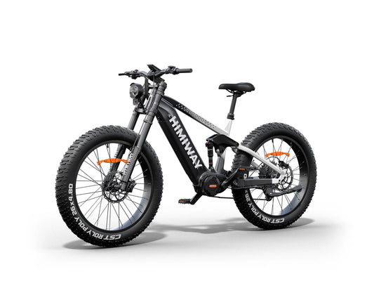 Himiway D7 eBike in black and white gradient, side view, showcasing frame design and large tires