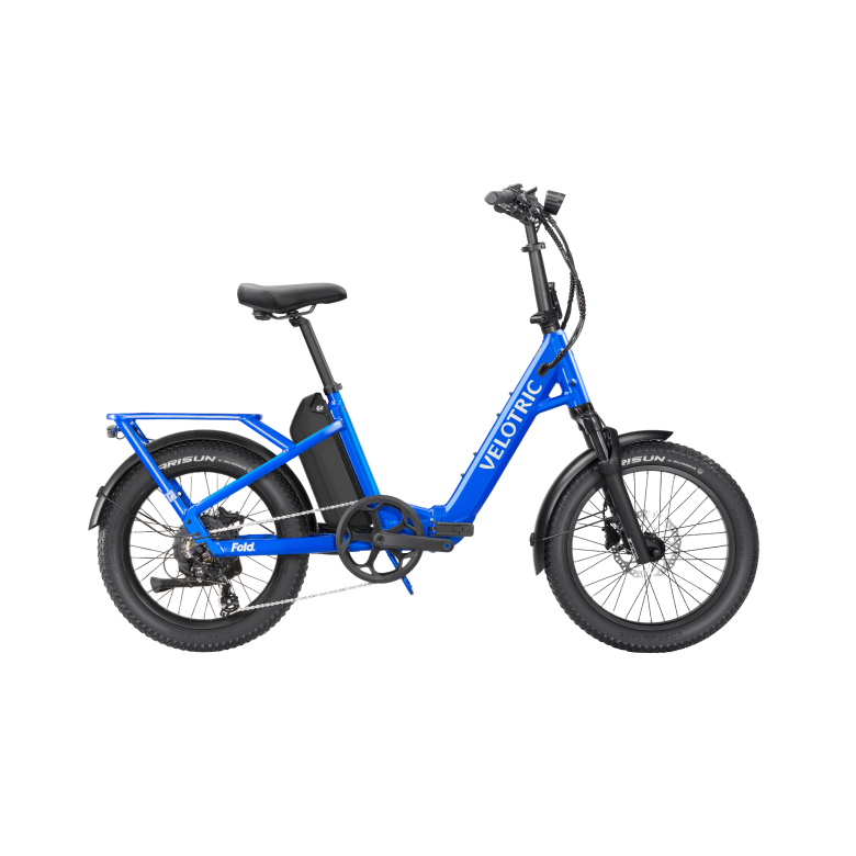 Electric blue Velotric Fold 1 Plus eBike, folded, side view, against a plain background.