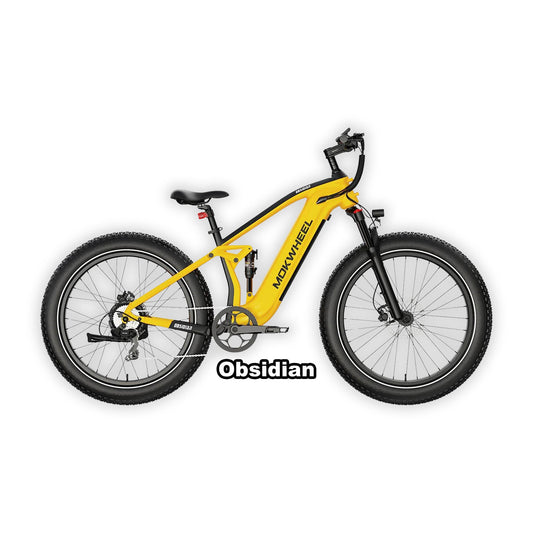 Mokwheel Obsidian eBike in yellow and black, shown in its box