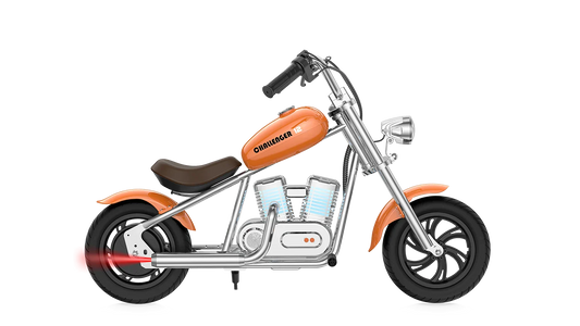 Orange eMOTO Hyper Gogo Challenger 12 Plus electric bike without training wheels, shown in side view, app-compatible model