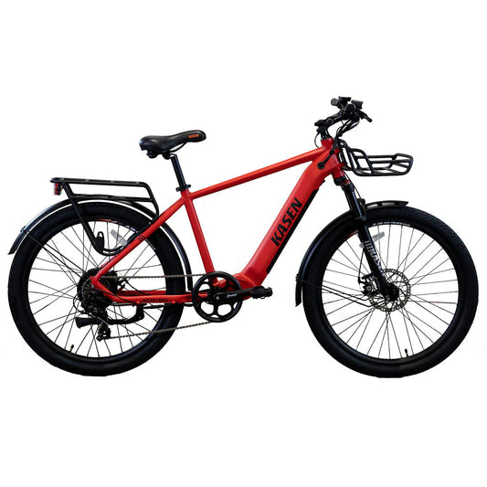 Red Kasen Cross eBike, side view, ready to ride, against a plain background