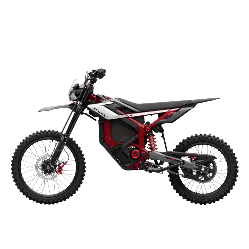 A red eMOTO Segway Xaber 300 electric motorcycle parked on a velvet-textured surface, showcasing its sleek design and modern features.