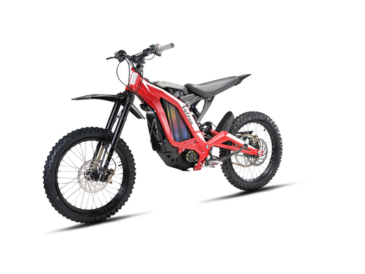 Red eMOTO Surron Light Bee S electric dirt bike, side view, on a white background