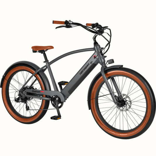 Matte graphite Retrospec Chatham Rev Plus 2 eBike, step-over frame, side view, against a plain background