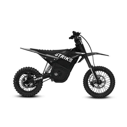 Black eMOTO Strike Shadow 48V electric motorcycle, side view, product image for pre-order, available mid May 2026