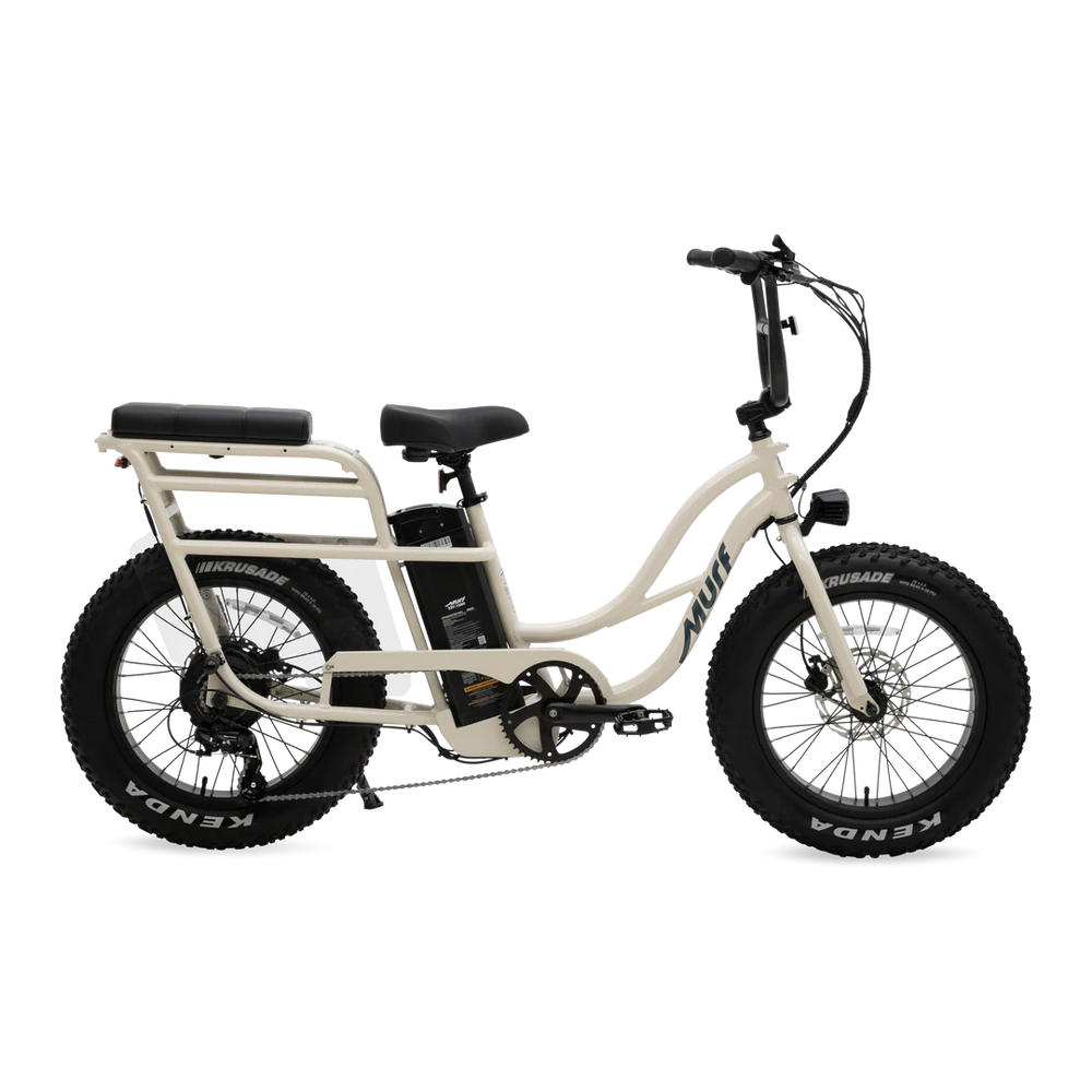 Side view of the Murf Higgs Plus eBike in Bone color, showcasing its sturdy frame, wide tires, and rear cargo rack.