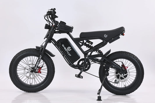 Black eBike Ghostcat F3.3 side view against a dark background, showcasing its sleek frame, thick tires, and modern design.