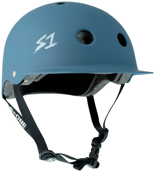 A large S1 Lifer Brim Helmet in Ocean blue color, designed for eBike use, shown from a side angle highlighting its extended brim and ventilation holes.