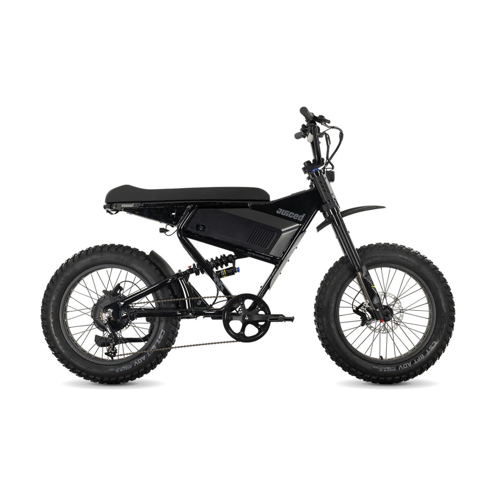 Juiced Scrambler full suspension electric bike with single battery in blackberry color, side view on white background