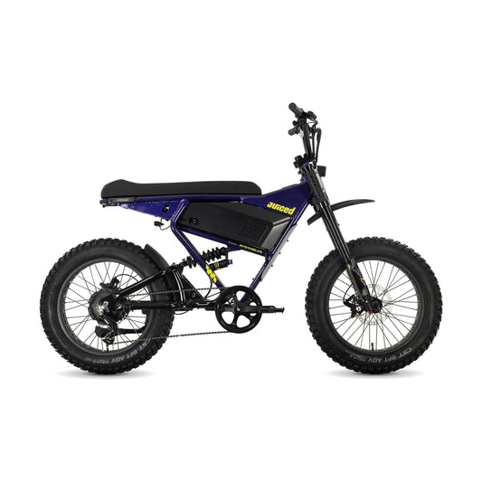 Juiced Scrambler full suspension electric bike with single battery in Grape Juice color, side view