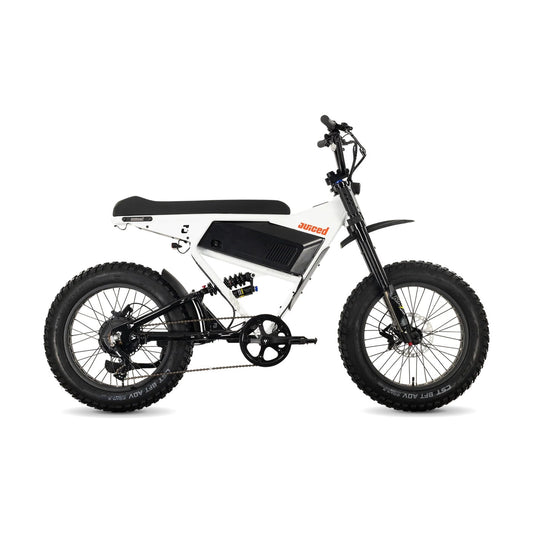 Juiced Scrambler full suspension electric bike with single battery in white cherry color, side view