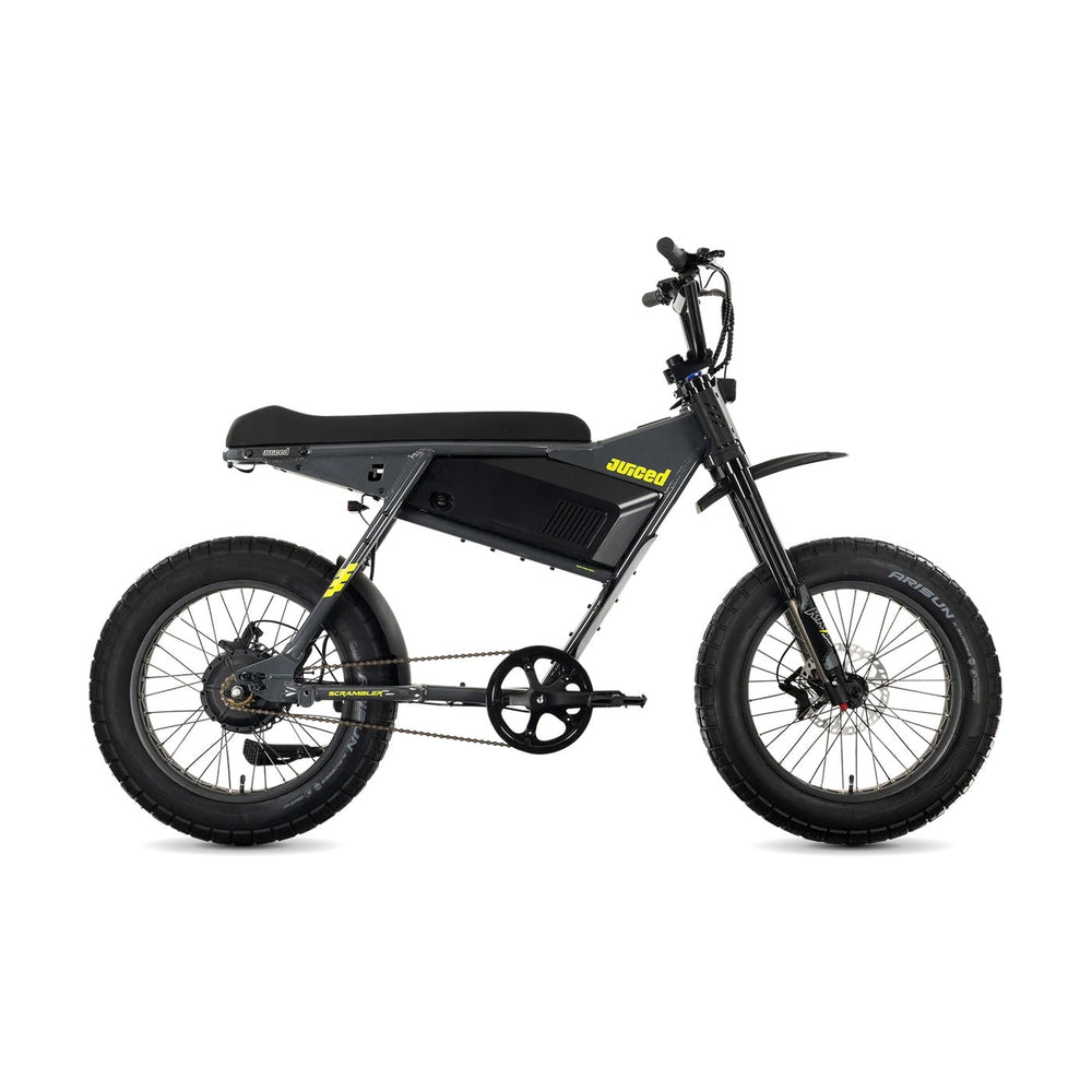Juiced Scrambler Hardtail electric bike with single battery in Asphalt Lemonade color, side view on white background