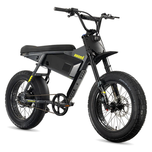 Juiced Scrambler Hardtail electric bike with single battery in Asphalt Lemonade color, side view on pavement
