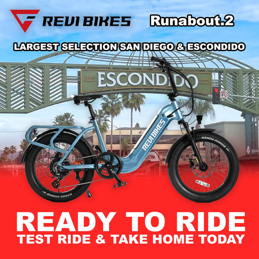 Electric bike in water blue color, eBike Revi Runabout.2 model, shown fully assembled and ready to ride against a plain background.