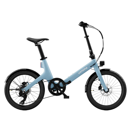 Urtopia Carbon Fold Step Thru eBike in Glacier Blue, side view, folded position, against a plain background
