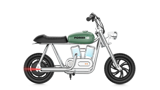 Green eMOTO Hyper Gogo Pioneer 12 Plus electric bike without training wheels, side view, app-compatible model