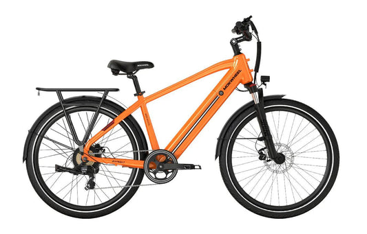 Orange MOKWHEEL Asphalt 500W Step Over eBike, 27.5x2.4 urban electric beach cruiser, side view