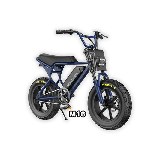 Navy blue Macfox M16 eBike in its box, product image