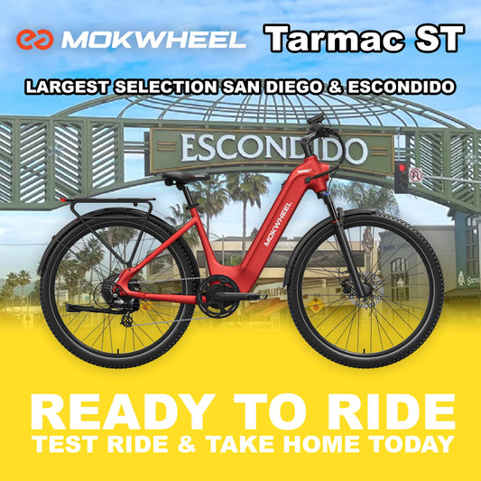 Crimson red Mokwheel Tarmac ST eBike, side view, ready to ride, against a plain background