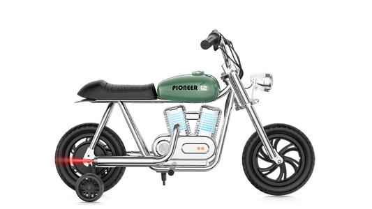 Green eMOTO Hyper Gogo Pioneer 12 Plus electric bike with training wheels, shown in side view, featuring app connectivity.
