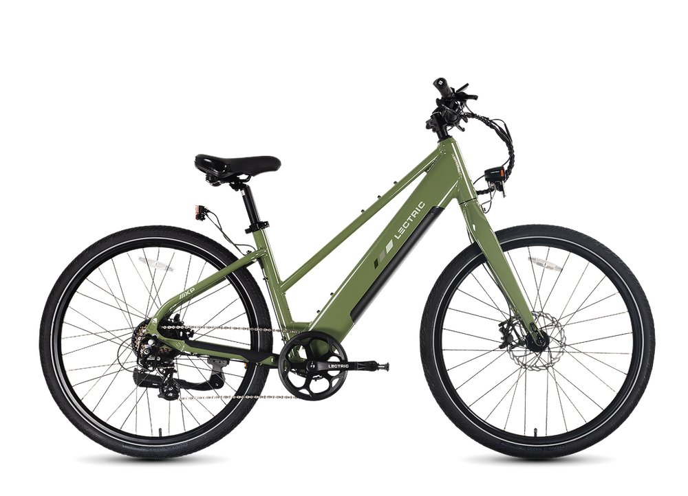 Lectric XPress Lite electric bike in Pine Green color, side view, against a white background