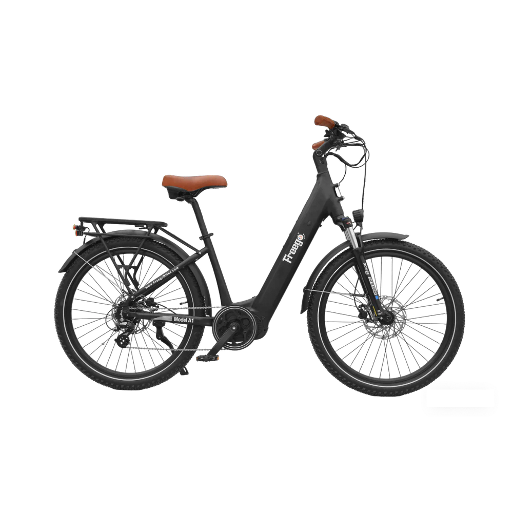 Side view of the Freego City Flow A1 eBike in black, showing its step-through frame, rear rack, and front basket against a white background.