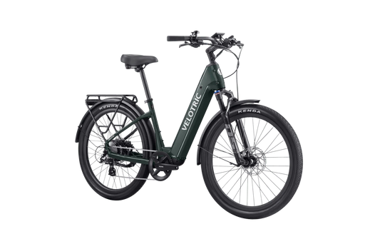 Velotric Discover 2 eBike in Pine Green color, shown in its box with packaging, product image highlighting the in-box presentation.