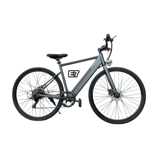 Grey FREEGO E7 eBike, side view, ready to ride, displayed against a plain background