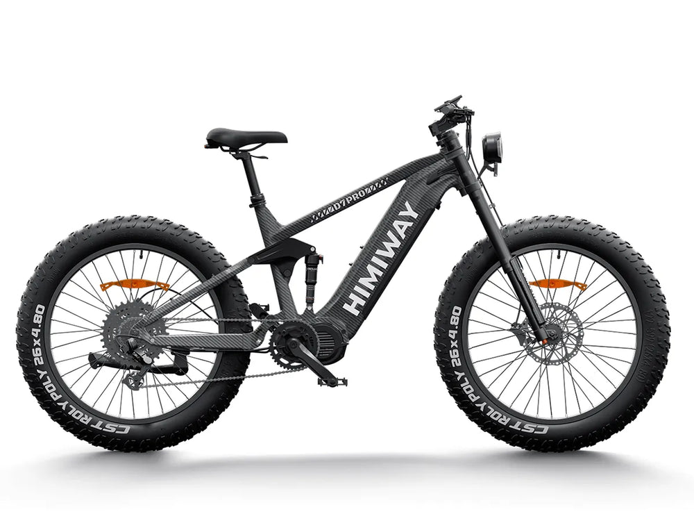 A black Himiway D7 King electric bike with fat tires, front suspension fork, and rear cargo rack, displayed on a white background.