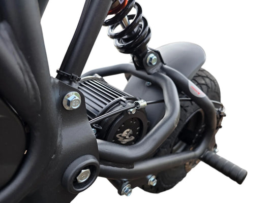Side view of the eBike Electro & Co Rizzler electric bicycle in a studio setting, showcasing its sleek black frame, thick tires, and integrated battery.