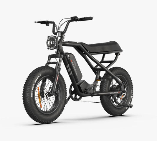 eMOTO RAEV Bullet X Emoto eBike 750W electric bike, side view, black frame, thick tires, modern design, outdoor background