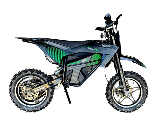 A black and red eMOTO eBike Drift Hero 800w dirt bike with rugged tires, sturdy frame, and electric motor, displayed on a white background.