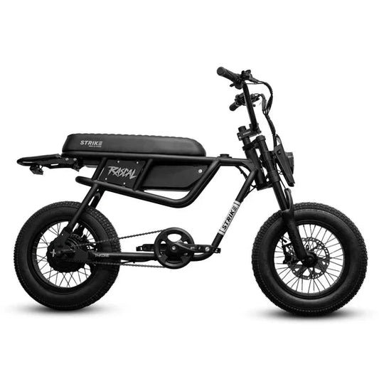 Black eMOTO eBike Strike Rascal electric bicycle, side view, on white background
