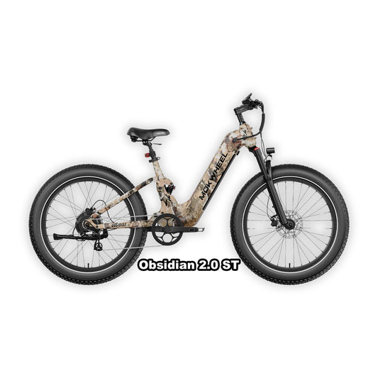 Mokwheel Obsidian ST 2.0 eBike in Desert Camo color, shown packaged inside its shipping box with protective materials.