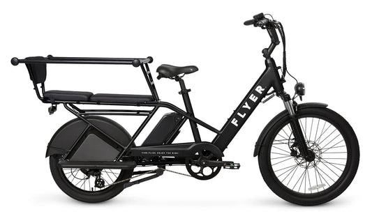 Black RADIO FLYER Via Pro 750w Step Thru electric cargo eBike with 24x2.4 street tires, shown in product image.