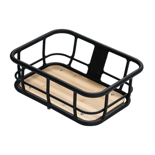 Mid-size black metal front basket attached to an eBike, shown from a front angle.