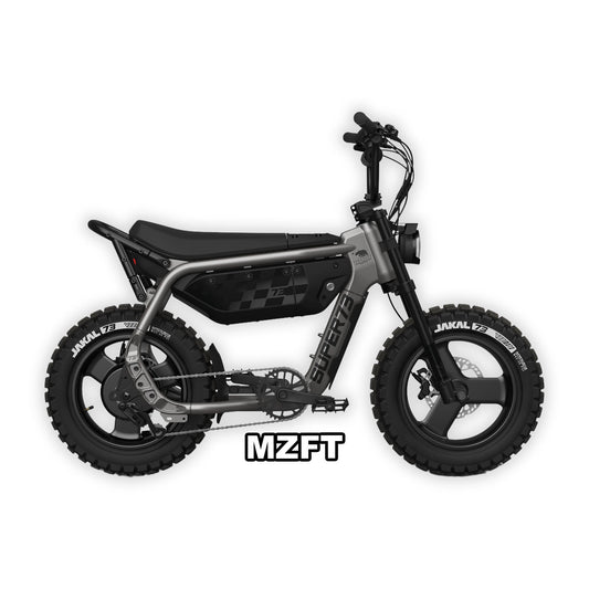 Super73 MZFT eMOTO eBike in Titanium Ore color, shown inside its original box
