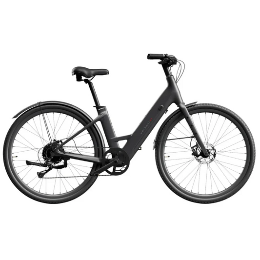 Matte black Urtopia Carbon 1 Step Thru eBike, side view, against a plain background