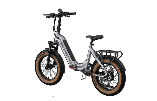 MOKWHEEL Slate 500W Step-Thru folding electric bike, 20x3 road tires, shown in side profile with compact frame and battery integrated, suitable for urban commuting.