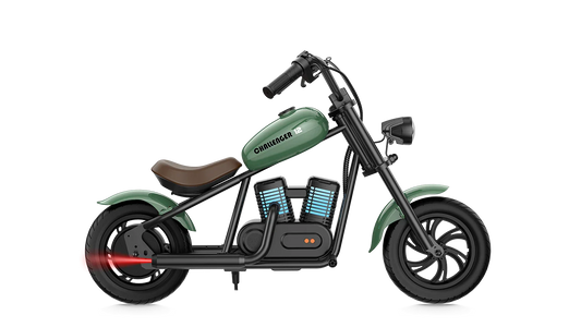 Green eMOTO Hyper Gogo Challenger 12 Plus electric bike without training wheels, side view