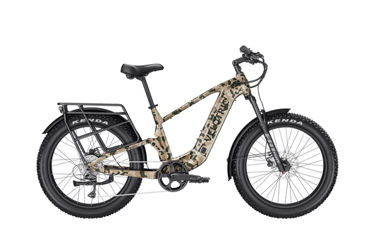 Velotric Nomad 2X eBike in Multi-Terrain Camo color, High Step frame, shown on a white background.