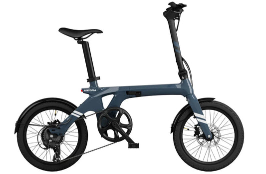 Aegean Blue Urtopia Carbon Fold 1 eBike, side view, folded, against a plain background