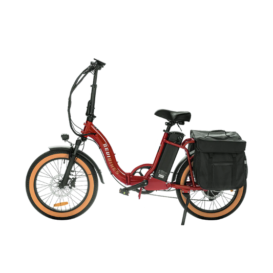 Red eBike Revi Rebel.2 electric bicycle, side view, showcasing frame design and battery placement